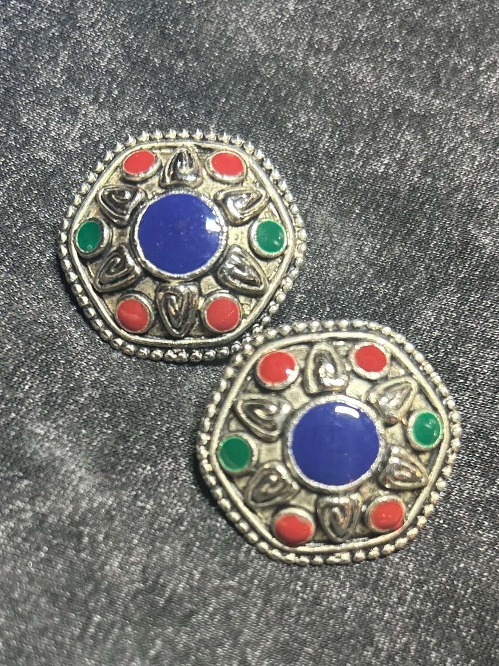 Vintage Pewter Tibetan-Style Multicolor Cabochon Clip-On Earrings 21.43 g